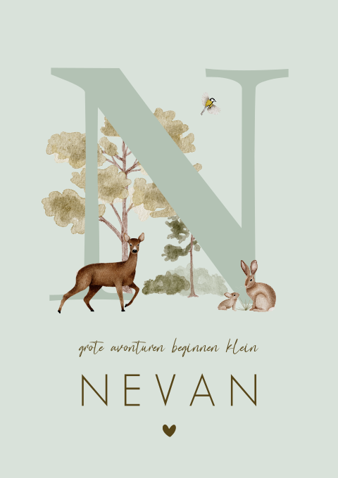 Geboortekaartje Jongen Letter Bosdieren Waterverf