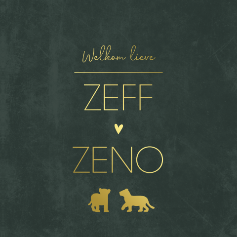 Geboortekaartje tweeling donkergroen goud leeuwtjes hartje