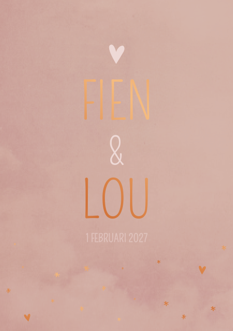 Geboortekaartje Tweeling Roze Koperfolie Hartjes