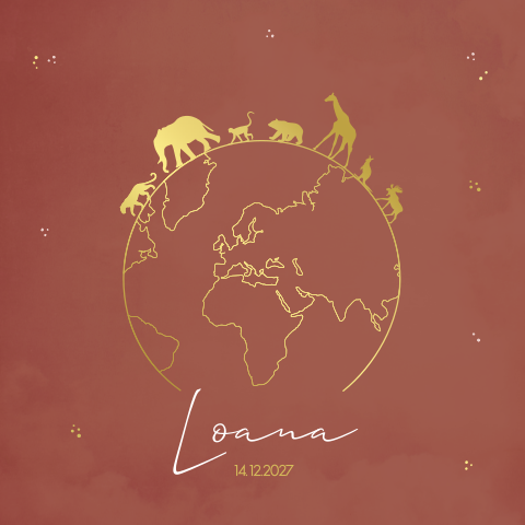 Geboortekaartje meisje dieren wereldbol goud