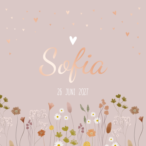 Geboortekaartje oudroze bloemen roséfolie hartjes