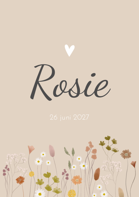 Geboortekaartje bloemen hartje meisje droogbloemen