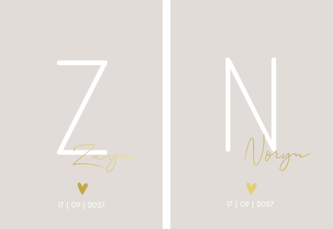 Geboortekaartje tweeling set initialen beige