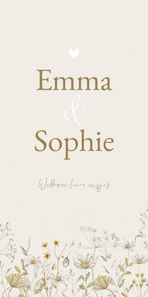 Geboortekaartje Tweeling Waterverf Veldbloemen Naturel