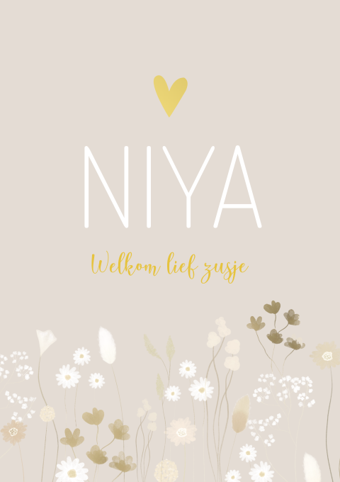 Geboortekaartje Beige Goud Bloemen Hartjes