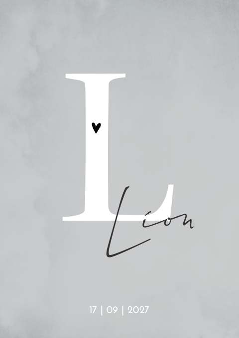 Geboortekaartje Jongen grijs zwart Initiaal