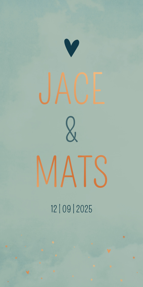 Geboortekaartje Tweeling Wolken Sterretjes Hartjes Koperfolie