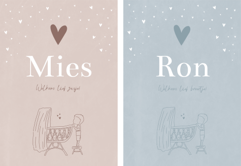 Geboortekaartje tweeling set wieg lijntekening