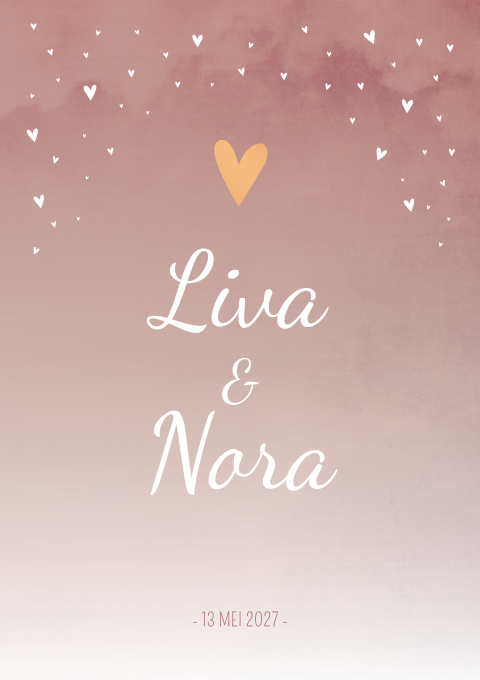 Geboortekaart Tweeling Koperfolie Hartjes Roze