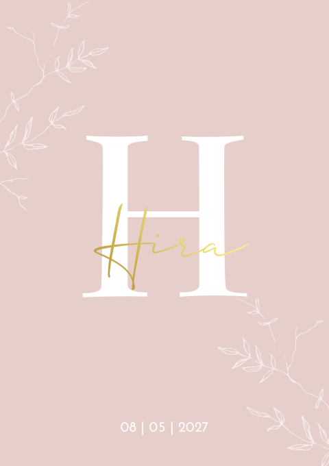 Geboortekaartje meisje roze goudfolie Initiaal