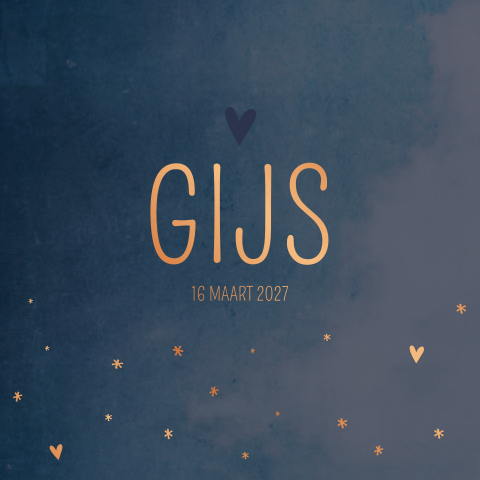 Geboortekaartje donkerblauw koper hartjes sterretjes