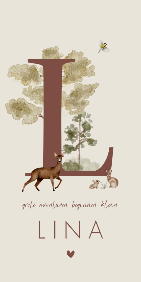 Geboortekaartje meisje letter waterverf bosdieren