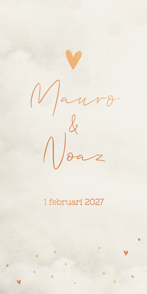 Geboortekaartje Tweeling Koperfolie Hartjes Neutraal