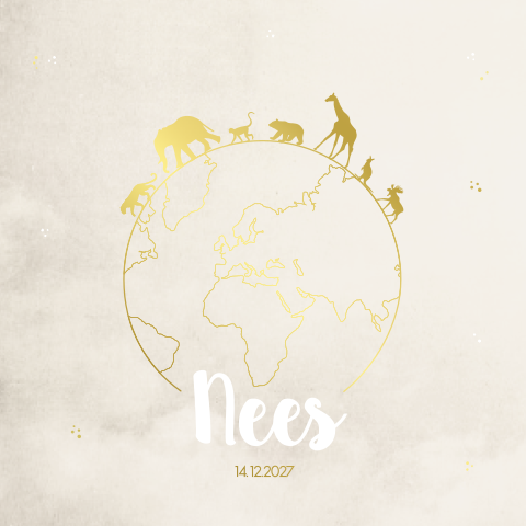 Geboortekaartje jongen dieren wereldbol beige