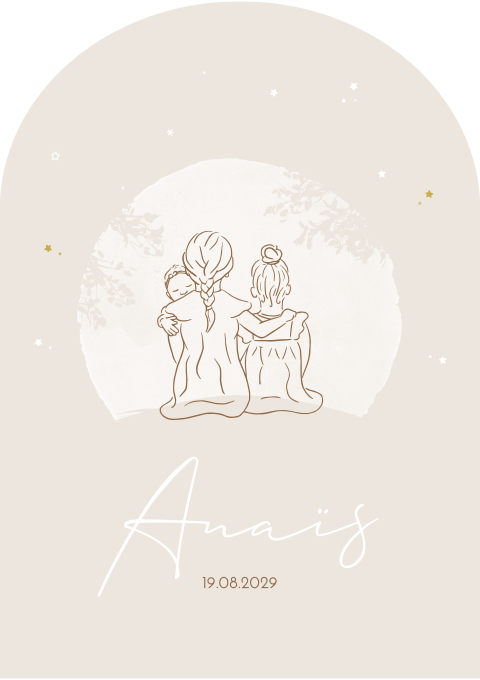 Geboortekaartje Meisje Zusje Maan Lijntekening