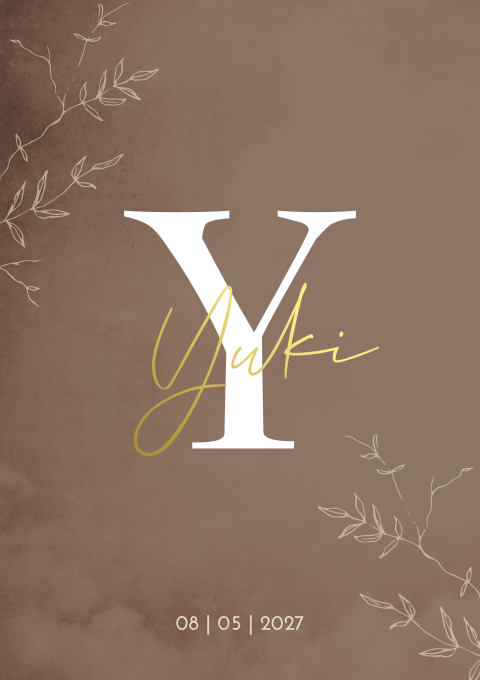 Geboortekaartje jongen Bruin goudfolie Initiaal