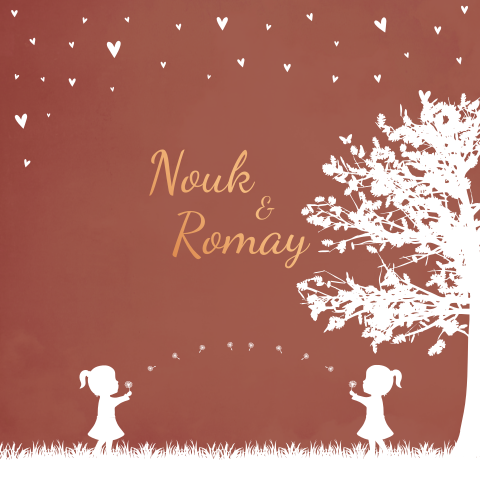 Geboortekaartje tweeling paardenbloemen hartjes