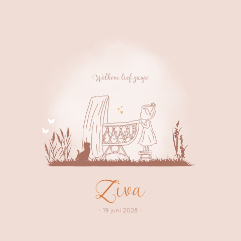 Geboortekaartje Meisje Rotan Wiegje Silhouet