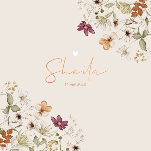 Geboortekaartje Meisje  Watercolor Bloemetjes Koperfolie