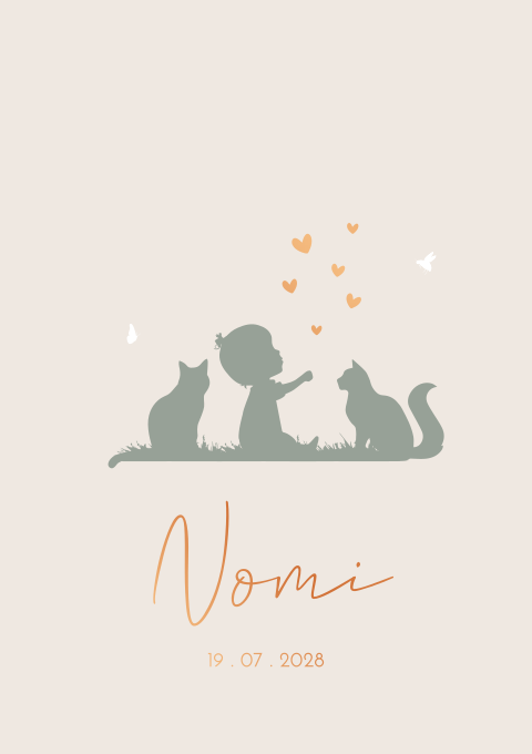 Babykaartje Kat meisje Gras Vlindertje