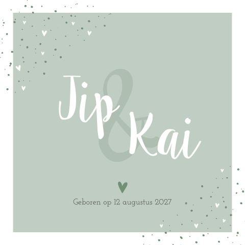Geboortekaartje tweeling groen illustratie stippen hartjes