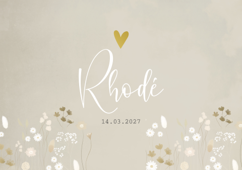 Geboortekaartje meisje beige goudfolie bloemen