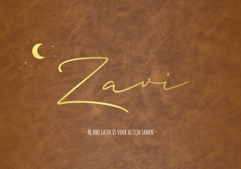 Geboortekaartje bruin leer goudfolie maan