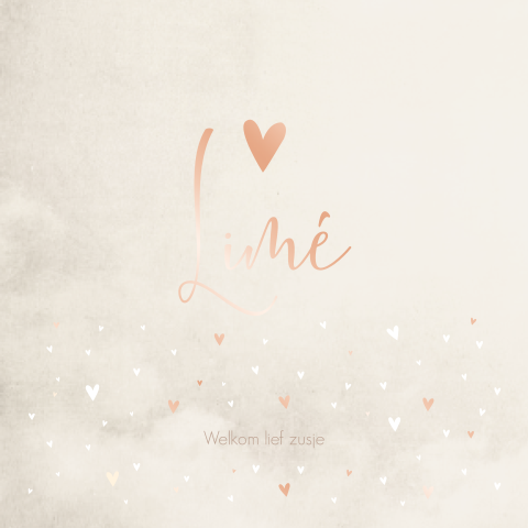 Geboortekaartje meisje beige roséfolie hartjes