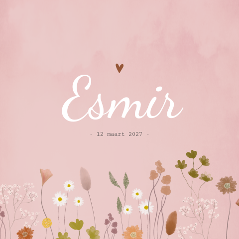 geboortekaartje Meisje gewolkt roze bloemen