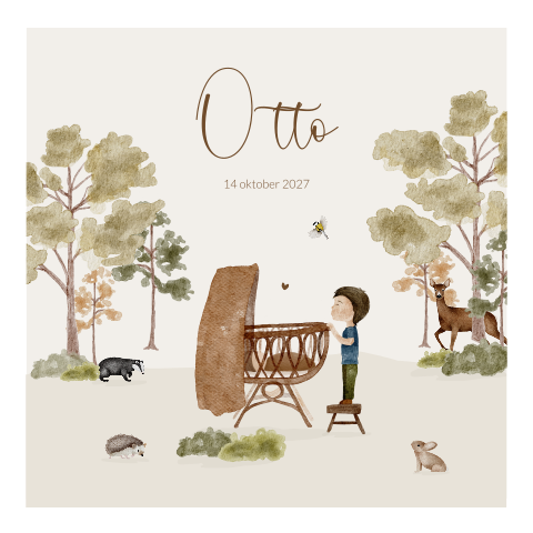 Geboortekaartje jongen waterverf bosdieren wieg