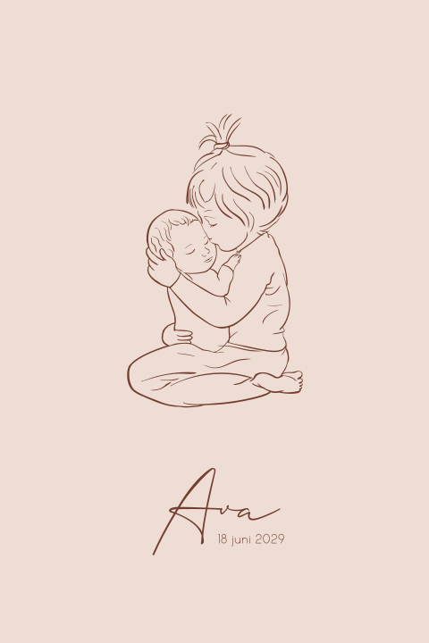 Geboortekaartje meisje lijntekening peuter zus met baby zusje