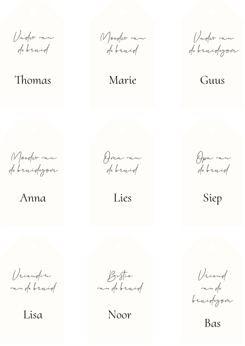 Naamkaartjes labeltjes bruiloft ceremonie