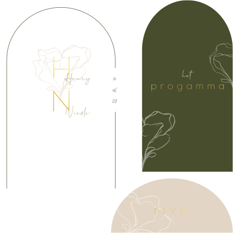 Trouwkaart set programmakaart rsvp kaartje schets bloemen