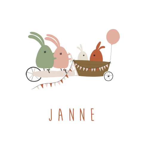 Geboortekaartje meisje konijnen familie tandem bakfiets