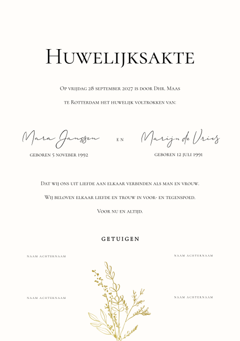 Huwelijksakte bruiloft takjes bloemen goudfolie