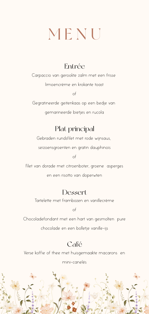 Menukaart bruiloft diner pastel bloemen