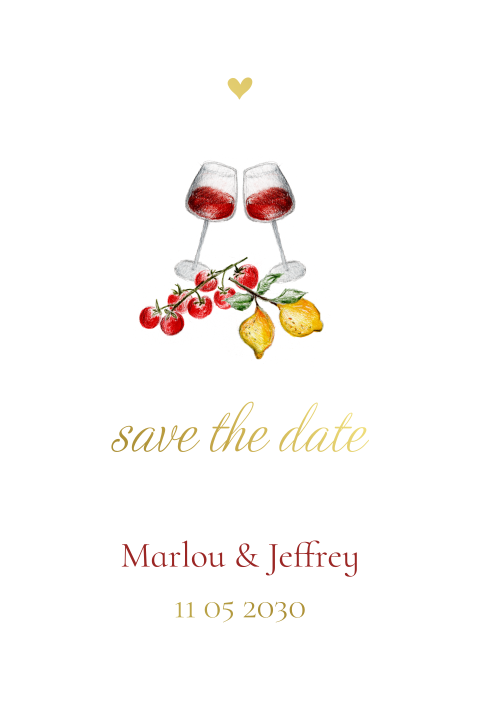 Save the Date Italiaanse bruiloft met wijnglazen, hartje en citroen