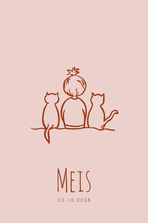 Geboortekaartje lijntekening meisje twee katten