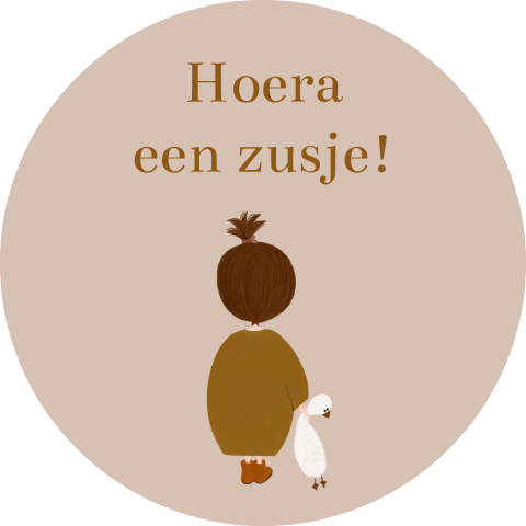 Sticker traktatie hoera een zusje brunette meisje knuffel gans