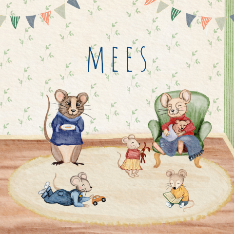 Nostalgisch geboortekaartje jongen familie muis