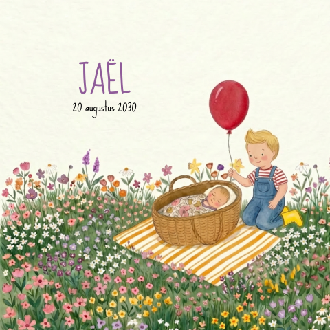 Geboortekaartje zusje zomer mozesmandje kleurrijk bloemenveld