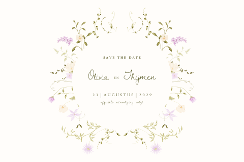 Save the Date bruiloft pastel veldbloemen krans