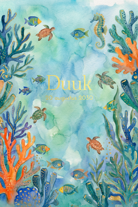 Geboortekaartje jongen koraal visjes schildpadden