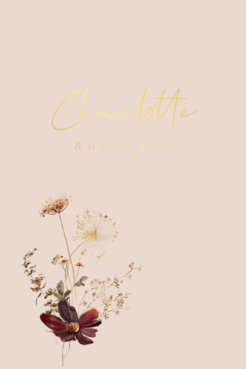 Geboortekaartje boeket bloemen aardetinten