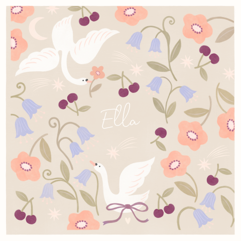 Geboortekaartje vierkant beige meisje zwanenbloemen