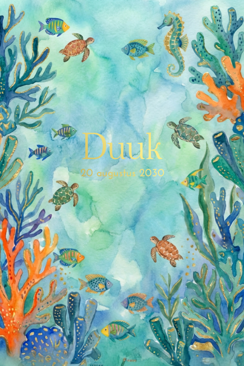 Geboortekaartje jongen koraal visjes schildpadden