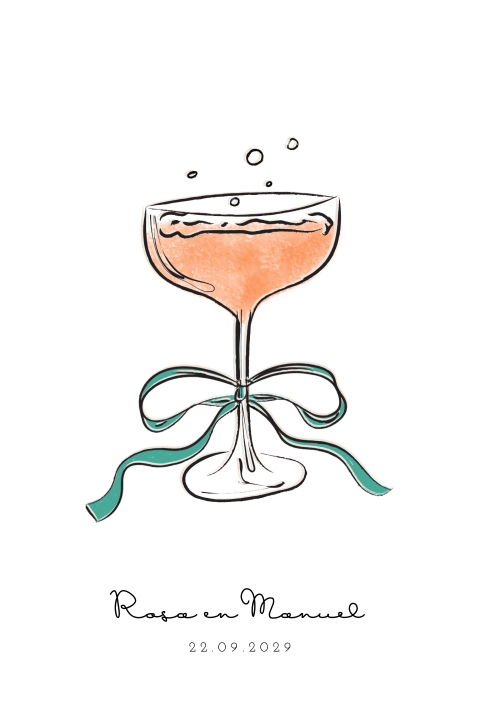 Vrolijke trouwkaart champagne glas met strik