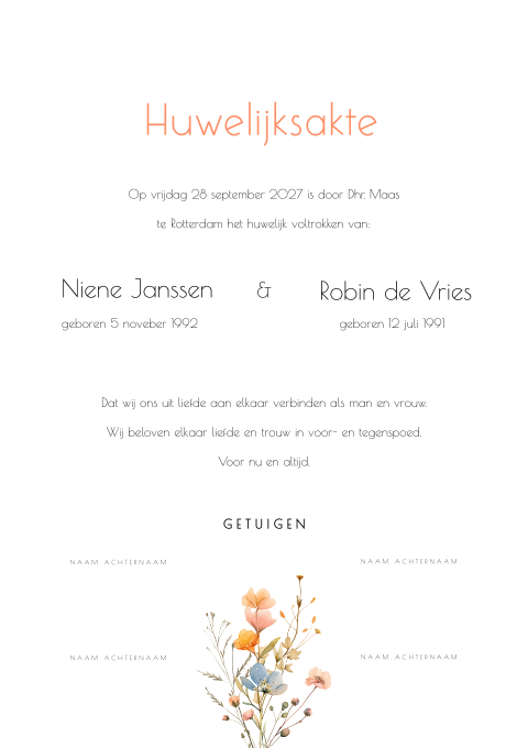 Trouwakte bruiloft bloemen blauw oranje