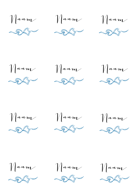 Naamkaartjes bruiloft vierkant blauw strikje