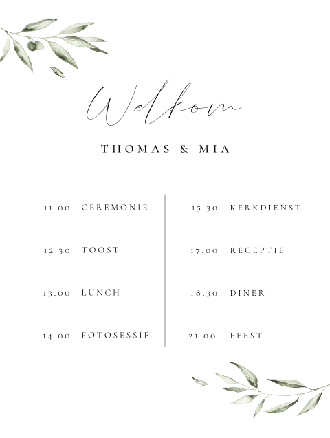 Bord dagplanning bruiloft mediterraans olijftakjes